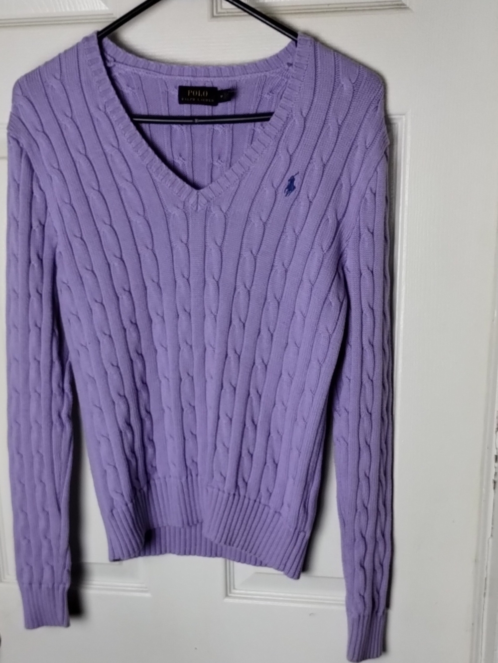 Polo by Ralph Lauren Lavender Cable-Knit V-Neck Sweater with Pony Logo M